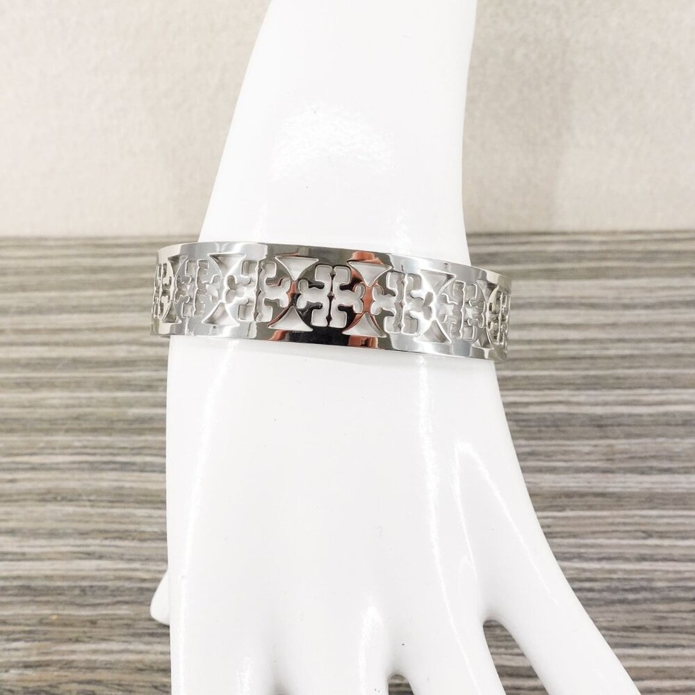Tory Burch TB Gold Logo Cut out Cuff Bracelet Silver OS - Picture 6 of 10